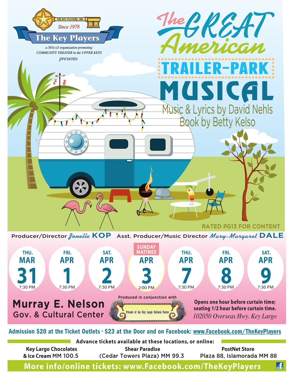 Flyer for The Great American Trailer Park Musical which features a trailer with flamingos, a table, and a palm tree